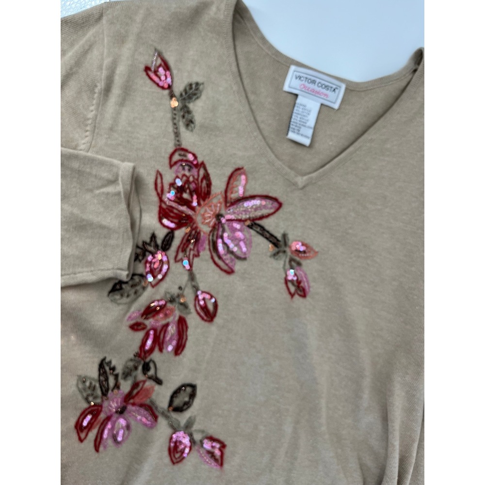 Victor Costa Occasion Womens 1X Tan Floral Sequin Embroidered‎ V-Neck Sweater